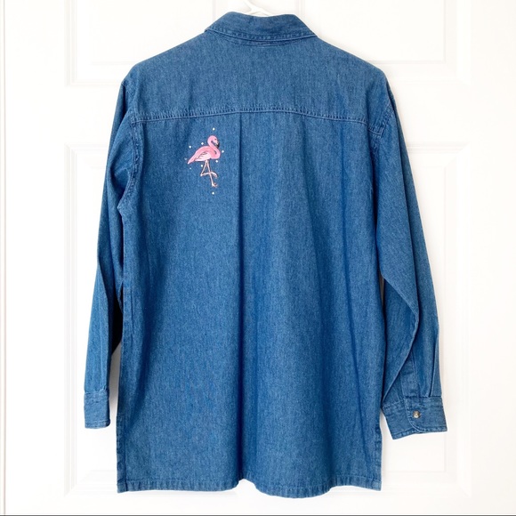 Denim Shirt with Pink Flamingo Embroidery Sz S - Picture 2 of 6